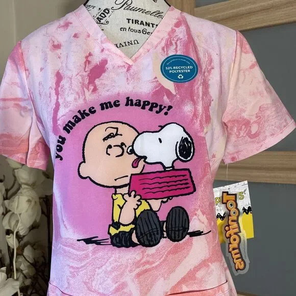 Charlie Brown Snoopy Cherokee Scrubs Tooniforms Peanuts V Neck Top Size XS - Picture 2 of 7